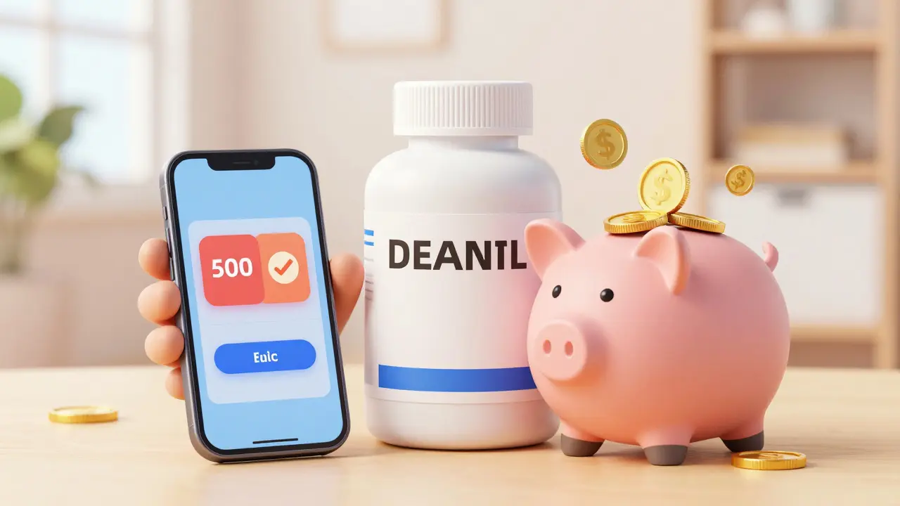 Cartoon of a person using a phone to get a discount on bulk generic medication.