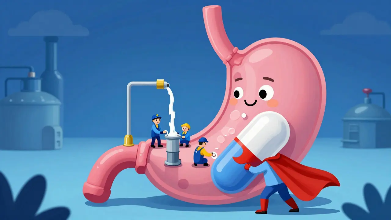Cartoon showing a generic medicine capsule stopping acid pumps inside a stomach.