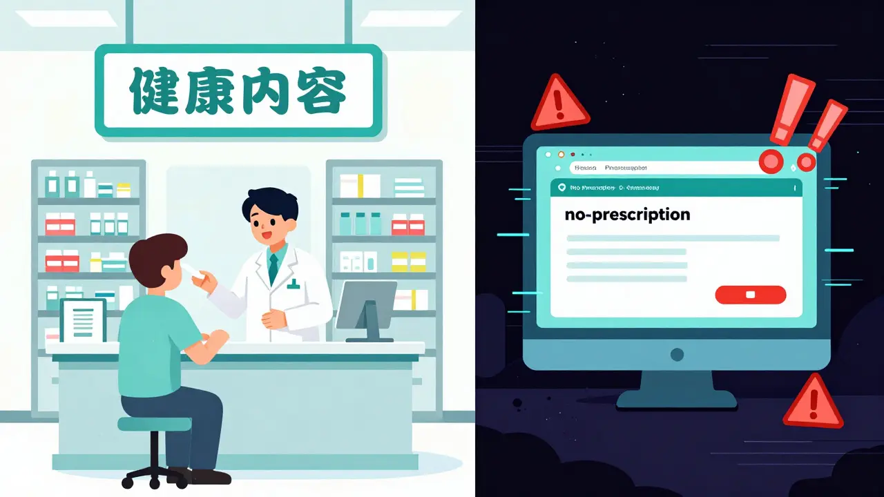 Cartoon split-screen comparing a licensed pharmacy with a suspicious illegal website.