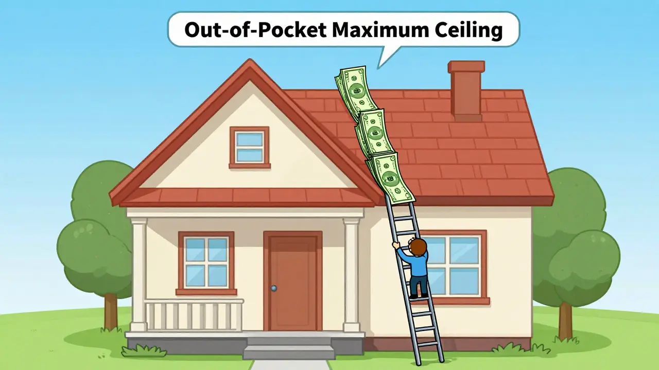 Conceptual cartoon showing a ceiling for out-of-pocket maximums and a step for deductibles