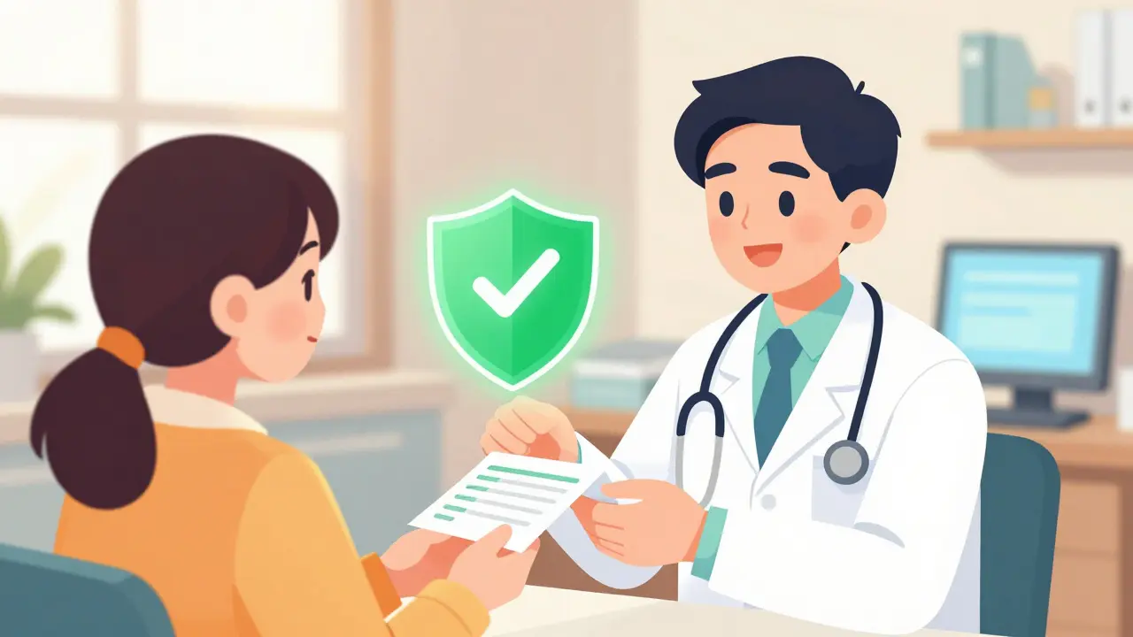 Doctor and patient reviewing safe digital prescription records.