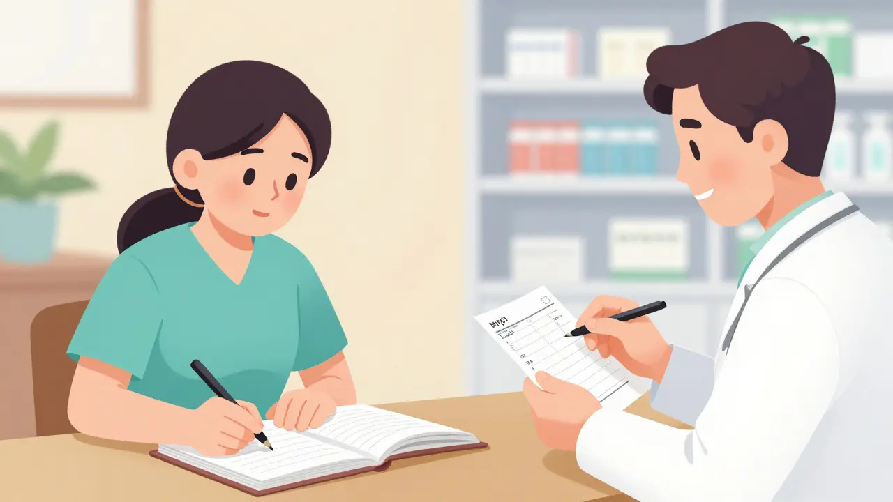 Patient writing in a health log and talking to a pharmacist about medications