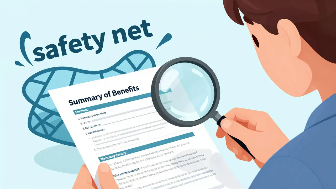 Person using a magnifying glass to review insurance benefit documents with a safety net behind them