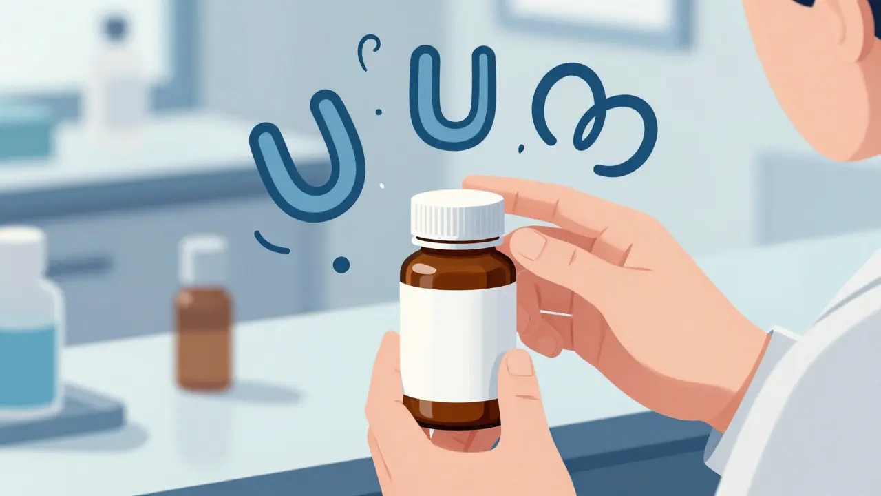 Pharmacist inspecting medicine bottles with confusing dosage symbols nearby.