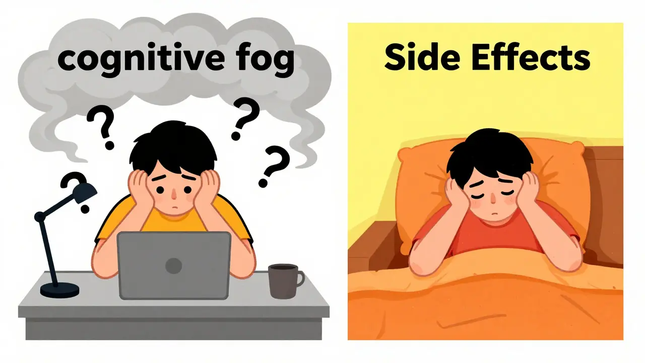 Split-screen showing a person struggling with cognitive fog at work and exhaustion at home